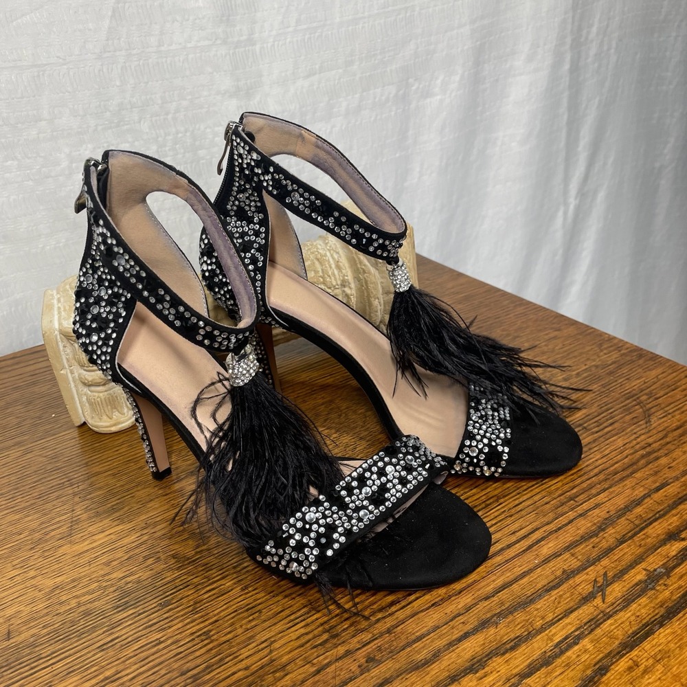 Unbranded Black Rhinestone Stiletto Feather Tassel Ankle Strap Sandals Size 9